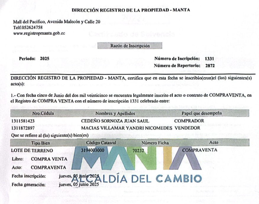 Registrador de la Propiedad de Manta inscribió la venta de un bien incautado a hermano de alias “Fito”
